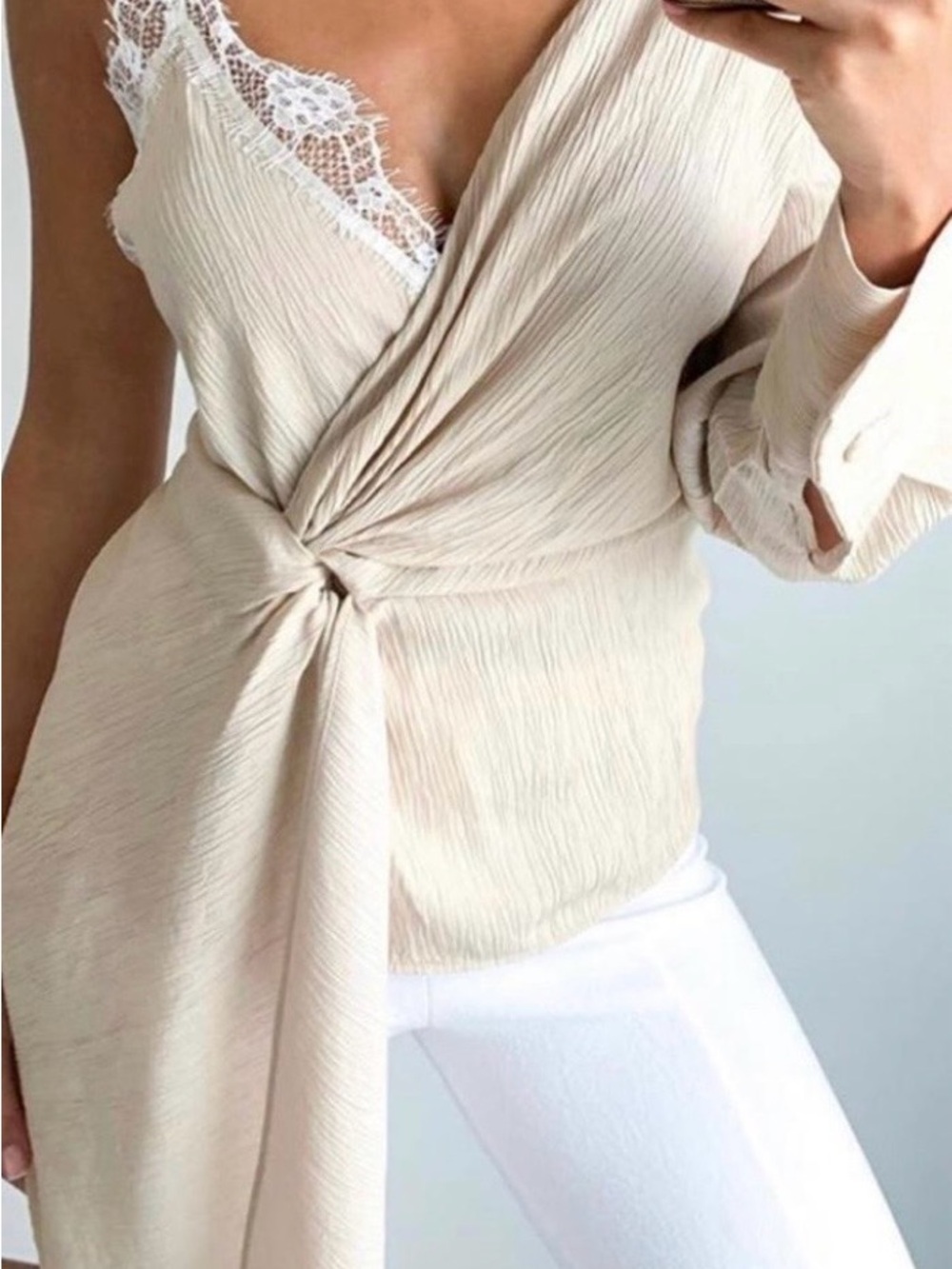 Zara Cream Twist-Knot Lace-Trim Wrap Blouse